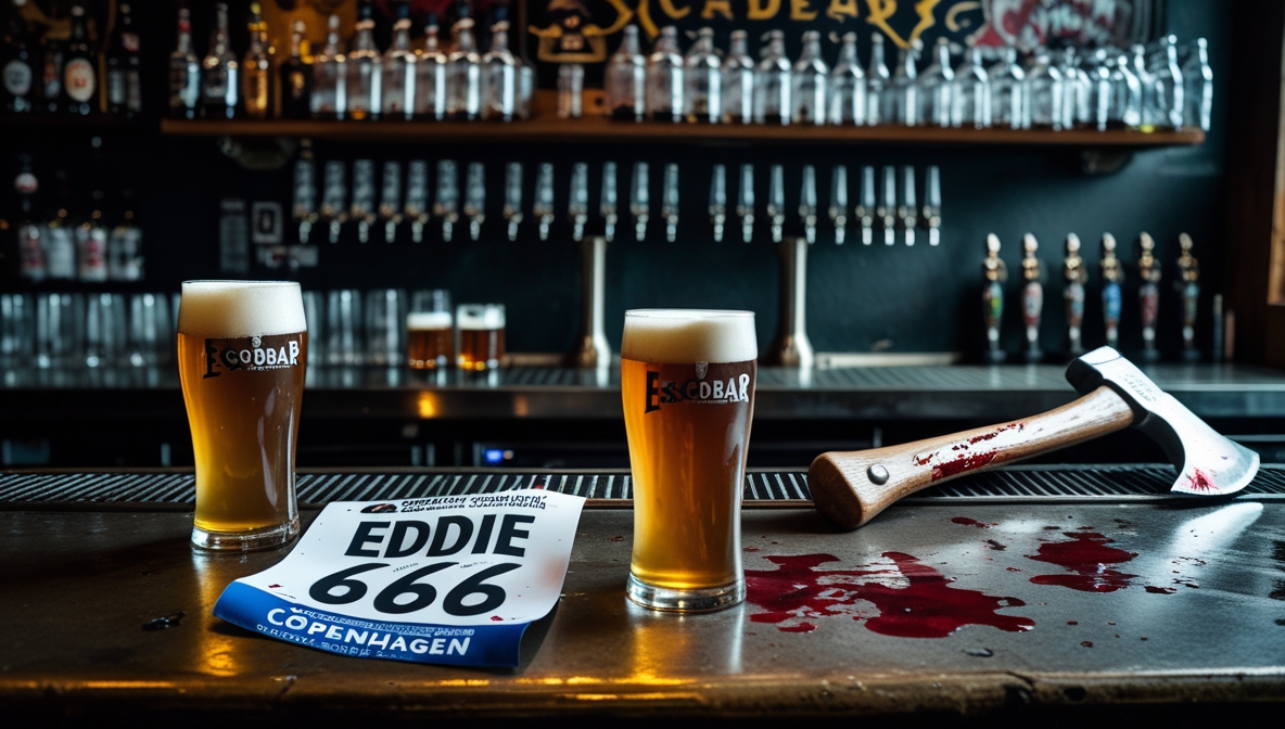 Eddies axe on the bar counter next to a couple of beers and a bib from Cph Marathon with the number 666